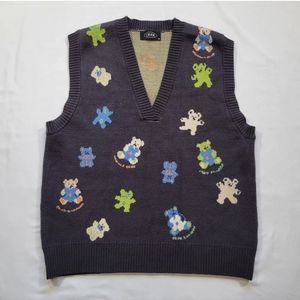 Cider 100% Wool Michael Cera Teddy Bear V-Neck Sweater Vest Gray Size Medium